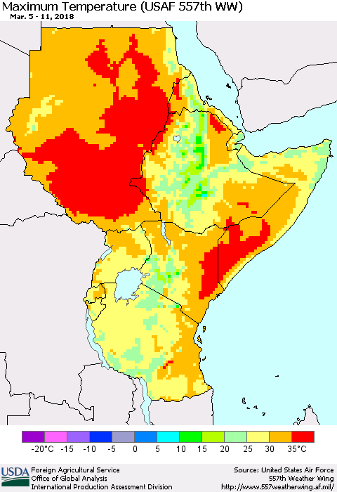 Eastern Africa Mean Maximum Temperature (USAF 557th WW) Thematic Map For 3/5/2018 - 3/11/2018