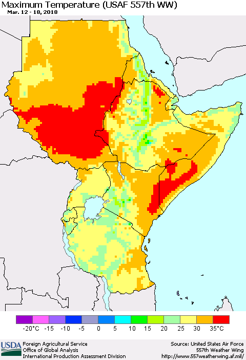 Eastern Africa Mean Maximum Temperature (USAF 557th WW) Thematic Map For 3/12/2018 - 3/18/2018