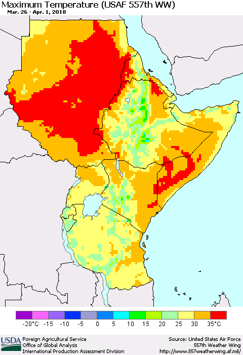 Eastern Africa Mean Maximum Temperature (USAF 557th WW) Thematic Map For 3/26/2018 - 4/1/2018