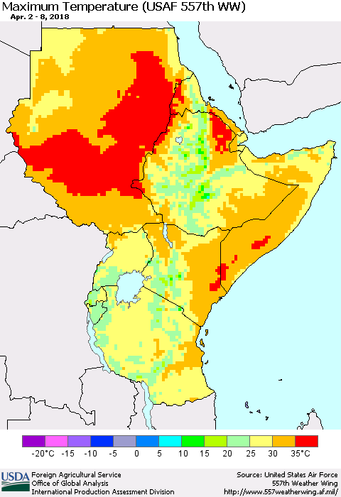 Eastern Africa Mean Maximum Temperature (USAF 557th WW) Thematic Map For 4/2/2018 - 4/8/2018
