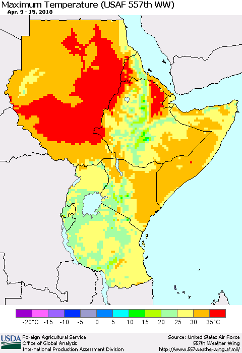 Eastern Africa Mean Maximum Temperature (USAF 557th WW) Thematic Map For 4/9/2018 - 4/15/2018