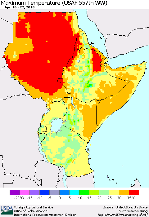 Eastern Africa Mean Maximum Temperature (USAF 557th WW) Thematic Map For 4/16/2018 - 4/22/2018