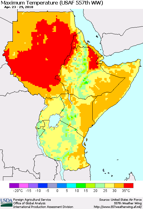 Eastern Africa Mean Maximum Temperature (USAF 557th WW) Thematic Map For 4/23/2018 - 4/29/2018