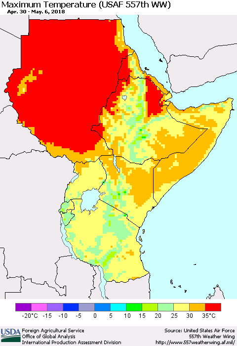 Eastern Africa Mean Maximum Temperature (USAF 557th WW) Thematic Map For 4/30/2018 - 5/6/2018