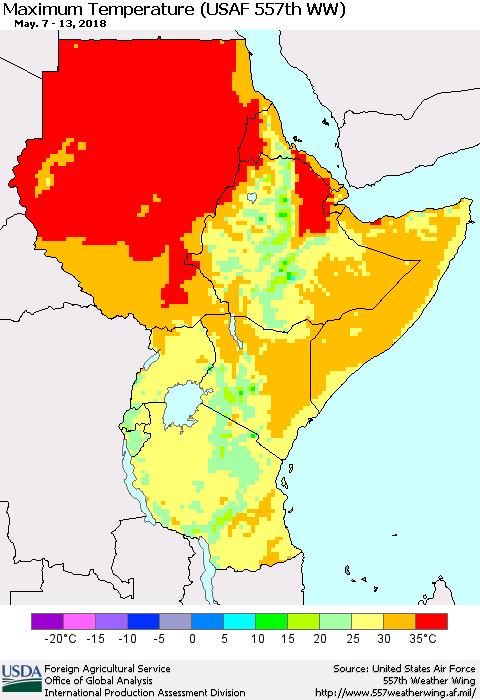 Eastern Africa Mean Maximum Temperature (USAF 557th WW) Thematic Map For 5/7/2018 - 5/13/2018