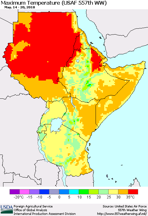 Eastern Africa Mean Maximum Temperature (USAF 557th WW) Thematic Map For 5/14/2018 - 5/20/2018