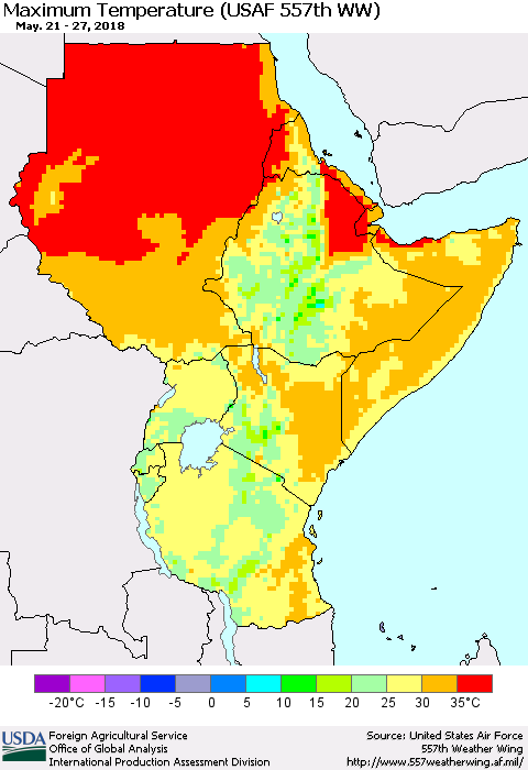 Eastern Africa Mean Maximum Temperature (USAF 557th WW) Thematic Map For 5/21/2018 - 5/27/2018