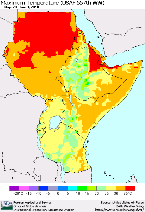 Eastern Africa Mean Maximum Temperature (USAF 557th WW) Thematic Map For 5/28/2018 - 6/3/2018