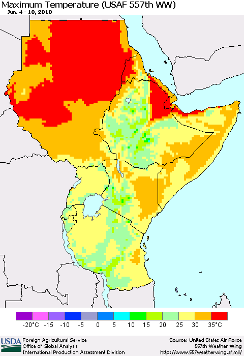 Eastern Africa Mean Maximum Temperature (USAF 557th WW) Thematic Map For 6/4/2018 - 6/10/2018