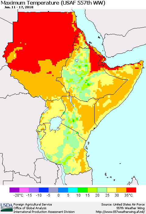 Eastern Africa Mean Maximum Temperature (USAF 557th WW) Thematic Map For 6/11/2018 - 6/17/2018