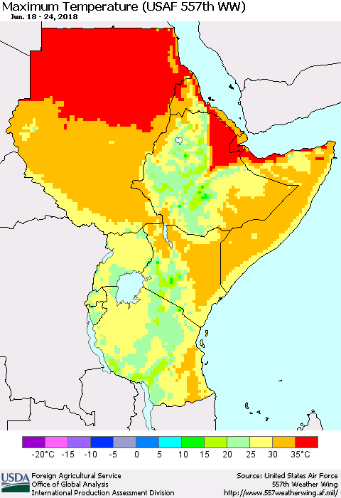 Eastern Africa Mean Maximum Temperature (USAF 557th WW) Thematic Map For 6/18/2018 - 6/24/2018