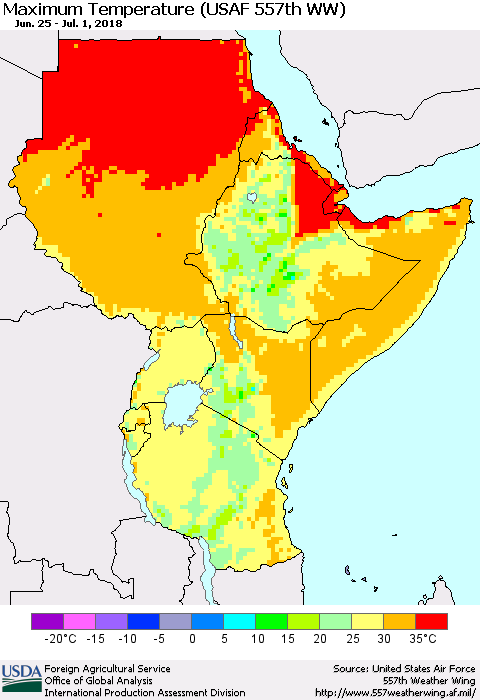 Eastern Africa Mean Maximum Temperature (USAF 557th WW) Thematic Map For 6/25/2018 - 7/1/2018