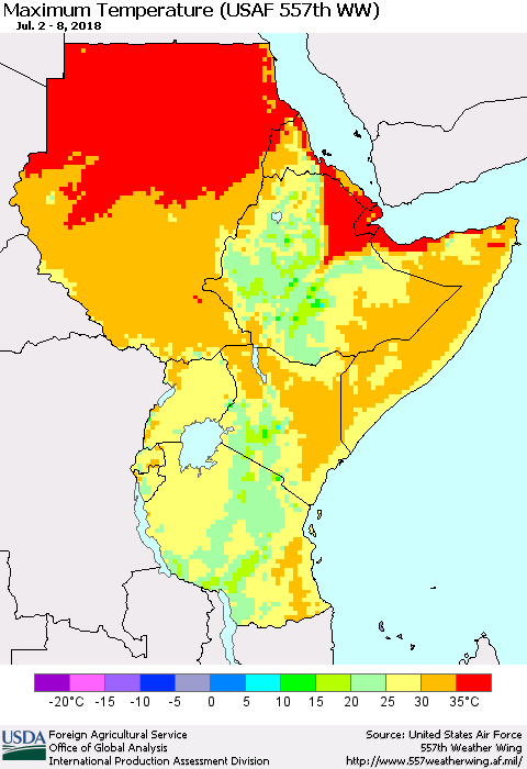 Eastern Africa Mean Maximum Temperature (USAF 557th WW) Thematic Map For 7/2/2018 - 7/8/2018
