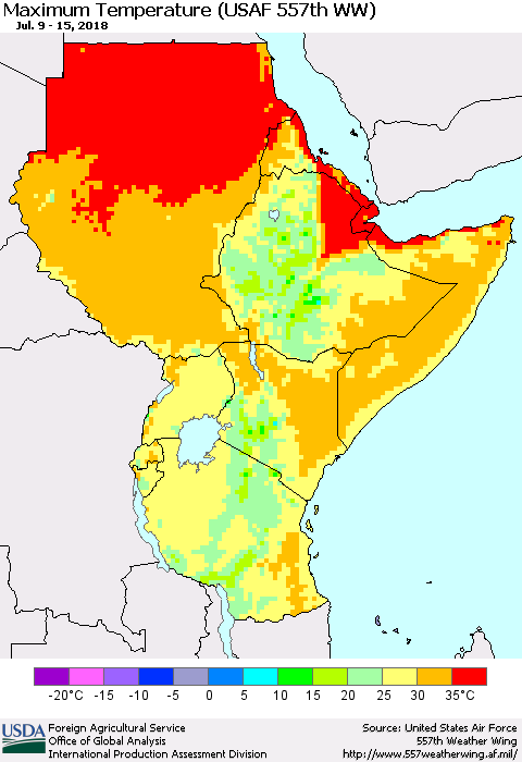 Eastern Africa Mean Maximum Temperature (USAF 557th WW) Thematic Map For 7/9/2018 - 7/15/2018