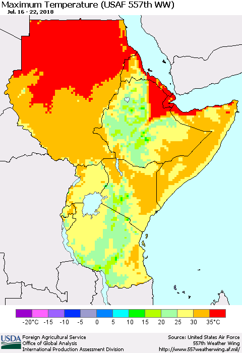 Eastern Africa Mean Maximum Temperature (USAF 557th WW) Thematic Map For 7/16/2018 - 7/22/2018