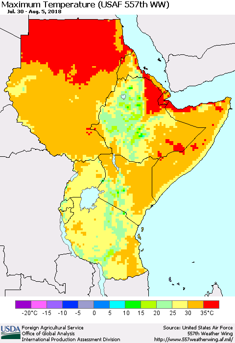 Eastern Africa Mean Maximum Temperature (USAF 557th WW) Thematic Map For 7/30/2018 - 8/5/2018