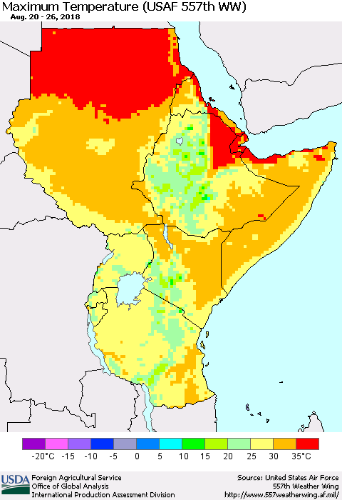 Eastern Africa Mean Maximum Temperature (USAF 557th WW) Thematic Map For 8/20/2018 - 8/26/2018