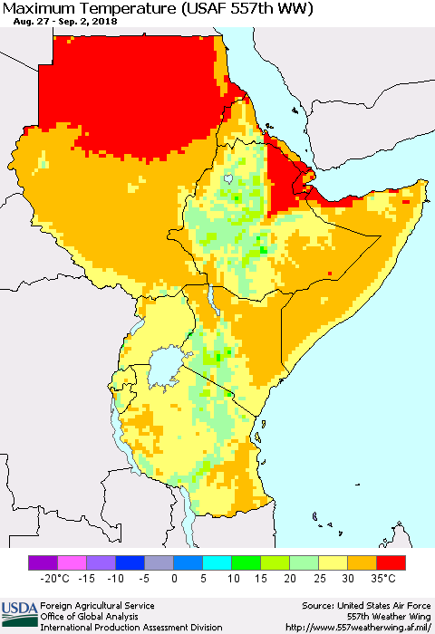 Eastern Africa Mean Maximum Temperature (USAF 557th WW) Thematic Map For 8/27/2018 - 9/2/2018