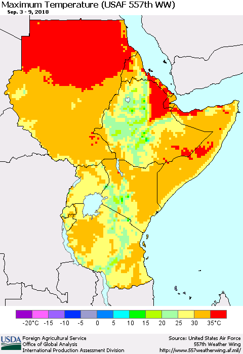 Eastern Africa Mean Maximum Temperature (USAF 557th WW) Thematic Map For 9/3/2018 - 9/9/2018