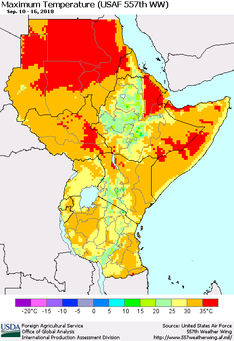 Eastern Africa Mean Maximum Temperature (USAF 557th WW) Thematic Map For 9/10/2018 - 9/16/2018