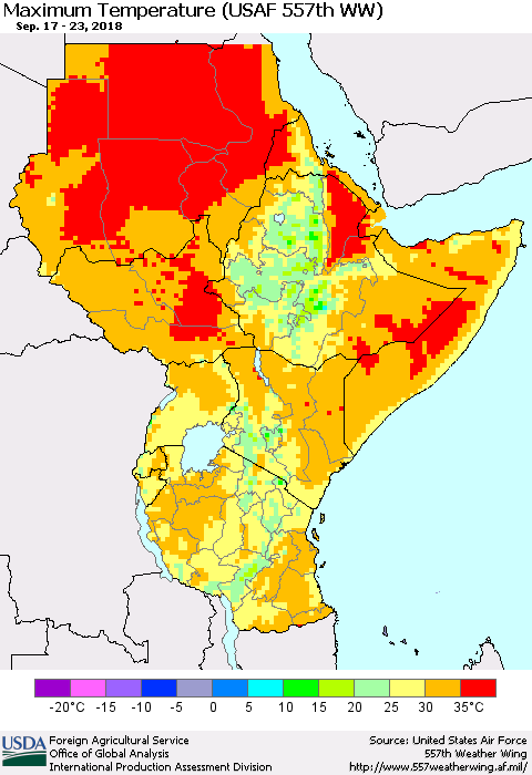 Eastern Africa Mean Maximum Temperature (USAF 557th WW) Thematic Map For 9/17/2018 - 9/23/2018