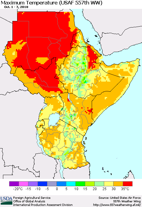 Eastern Africa Mean Maximum Temperature (USAF 557th WW) Thematic Map For 10/1/2018 - 10/7/2018