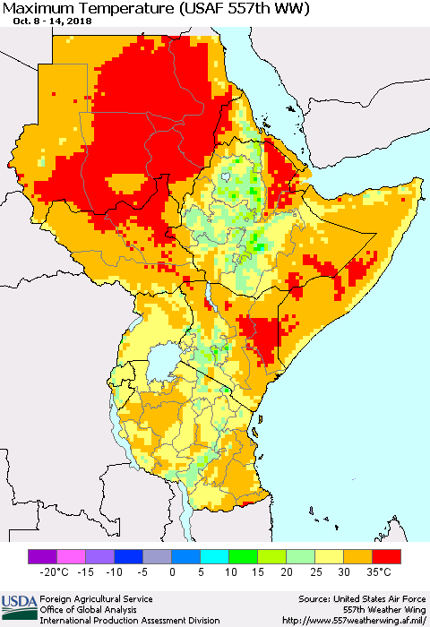 Eastern Africa Mean Maximum Temperature (USAF 557th WW) Thematic Map For 10/8/2018 - 10/14/2018