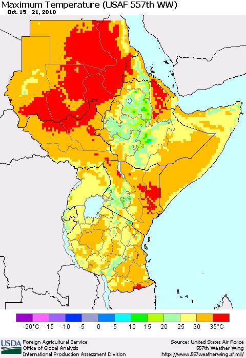 Eastern Africa Mean Maximum Temperature (USAF 557th WW) Thematic Map For 10/15/2018 - 10/21/2018