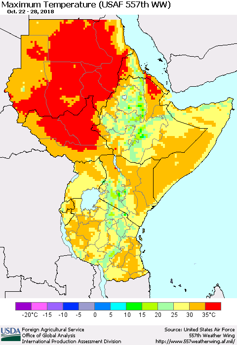 Eastern Africa Mean Maximum Temperature (USAF 557th WW) Thematic Map For 10/22/2018 - 10/28/2018