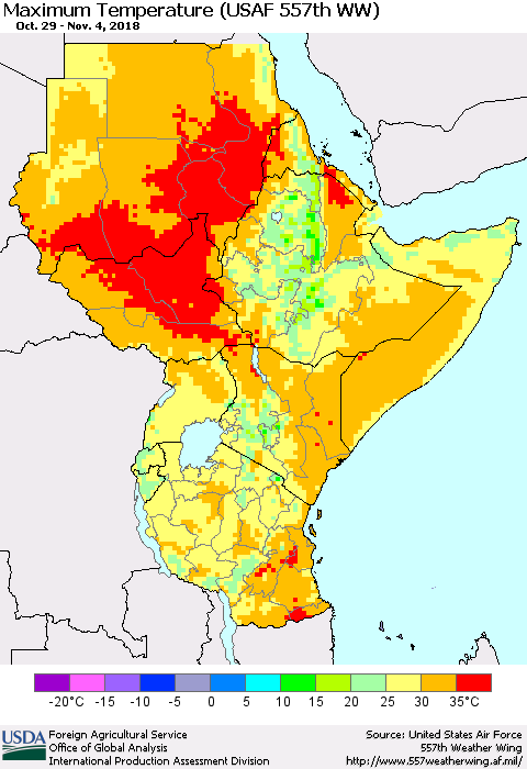 Eastern Africa Mean Maximum Temperature (USAF 557th WW) Thematic Map For 10/29/2018 - 11/4/2018