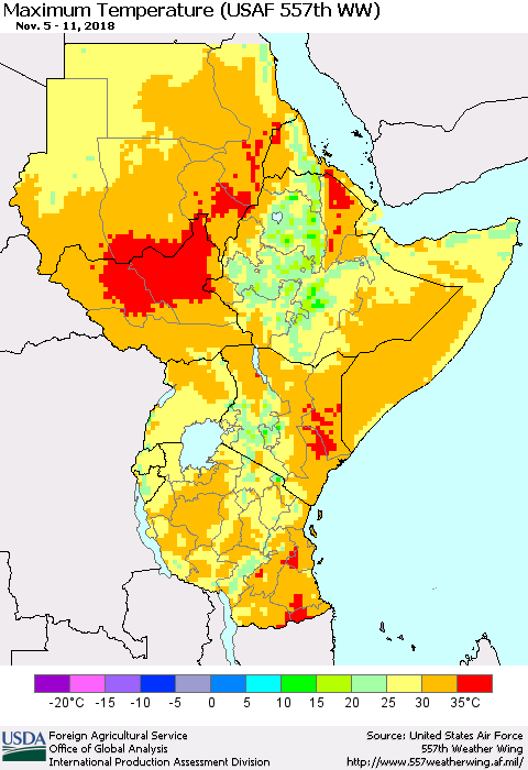 Eastern Africa Mean Maximum Temperature (USAF 557th WW) Thematic Map For 11/5/2018 - 11/11/2018