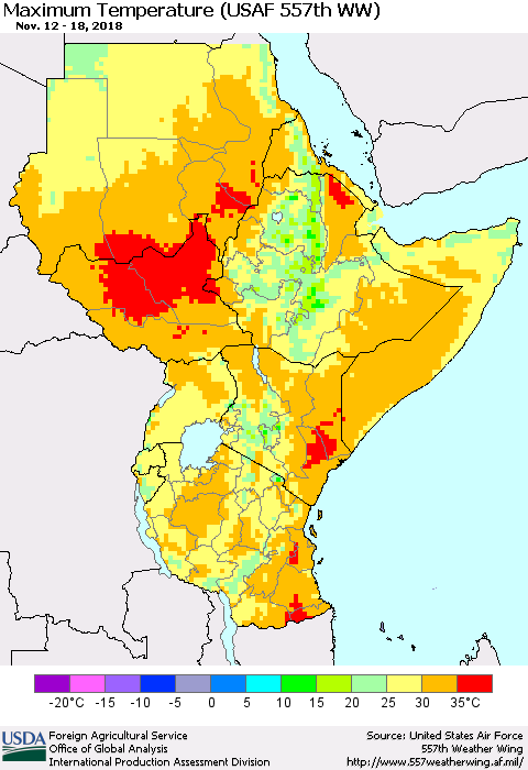 Eastern Africa Mean Maximum Temperature (USAF 557th WW) Thematic Map For 11/12/2018 - 11/18/2018