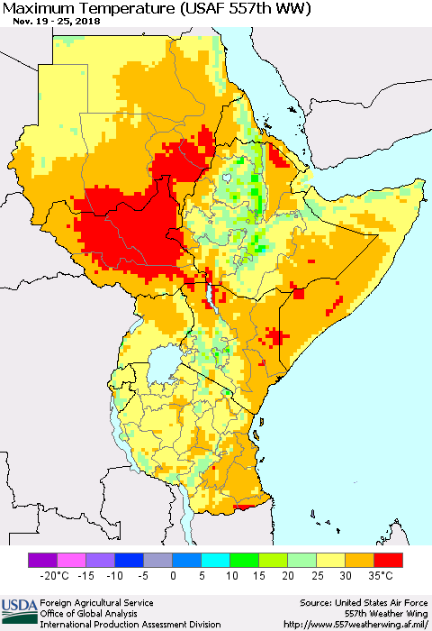 Eastern Africa Mean Maximum Temperature (USAF 557th WW) Thematic Map For 11/19/2018 - 11/25/2018