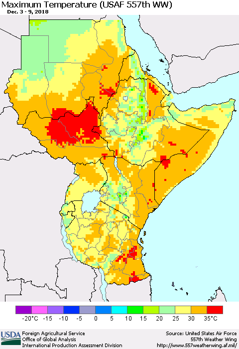 Eastern Africa Mean Maximum Temperature (USAF 557th WW) Thematic Map For 12/3/2018 - 12/9/2018
