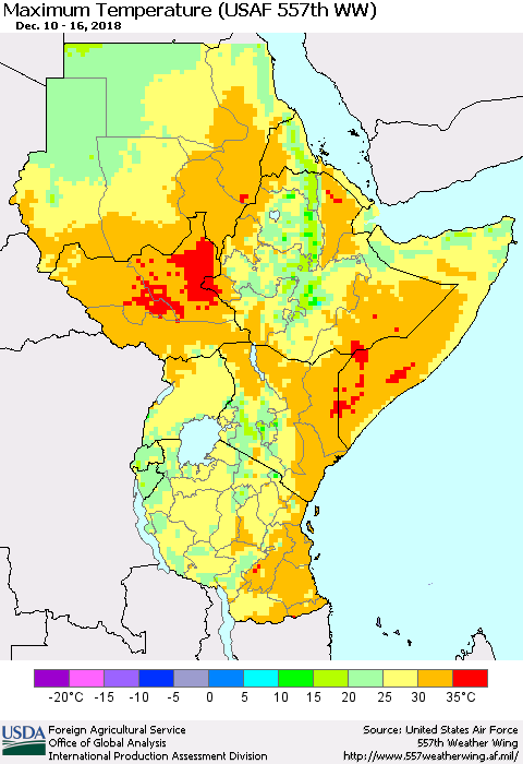 Eastern Africa Mean Maximum Temperature (USAF 557th WW) Thematic Map For 12/10/2018 - 12/16/2018