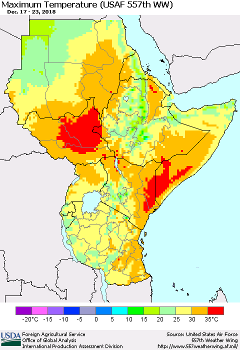 Eastern Africa Mean Maximum Temperature (USAF 557th WW) Thematic Map For 12/17/2018 - 12/23/2018