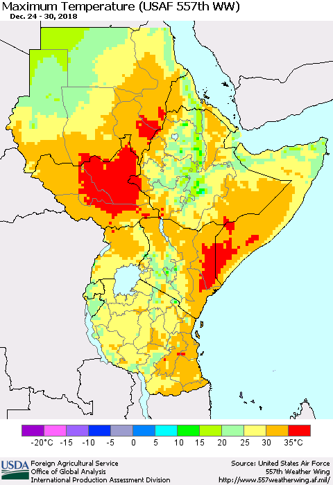 Eastern Africa Mean Maximum Temperature (USAF 557th WW) Thematic Map For 12/24/2018 - 12/30/2018