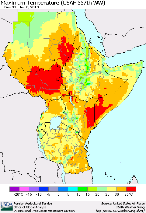 Eastern Africa Mean Maximum Temperature (USAF 557th WW) Thematic Map For 12/31/2018 - 1/6/2019
