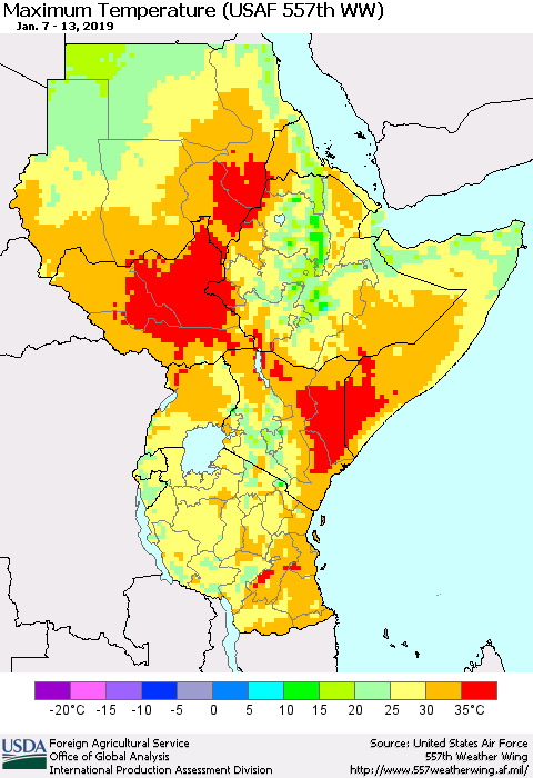 Eastern Africa Mean Maximum Temperature (USAF 557th WW) Thematic Map For 1/7/2019 - 1/13/2019