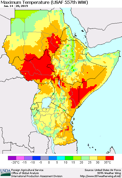 Eastern Africa Mean Maximum Temperature (USAF 557th WW) Thematic Map For 1/14/2019 - 1/20/2019