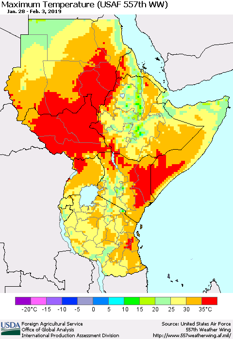 Eastern Africa Mean Maximum Temperature (USAF 557th WW) Thematic Map For 1/28/2019 - 2/3/2019