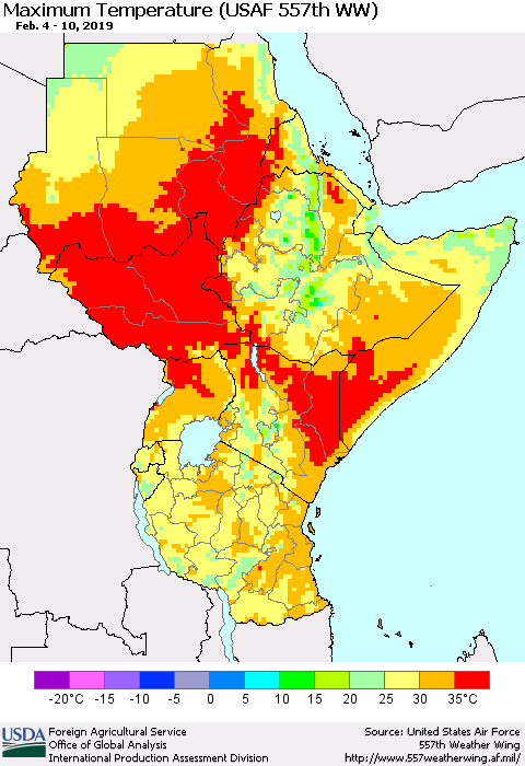 Eastern Africa Mean Maximum Temperature (USAF 557th WW) Thematic Map For 2/4/2019 - 2/10/2019