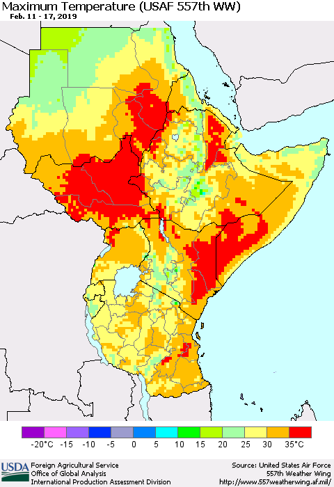 Eastern Africa Mean Maximum Temperature (USAF 557th WW) Thematic Map For 2/11/2019 - 2/17/2019