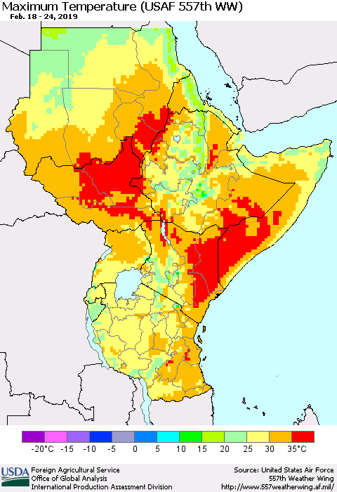 Eastern Africa Mean Maximum Temperature (USAF 557th WW) Thematic Map For 2/18/2019 - 2/24/2019