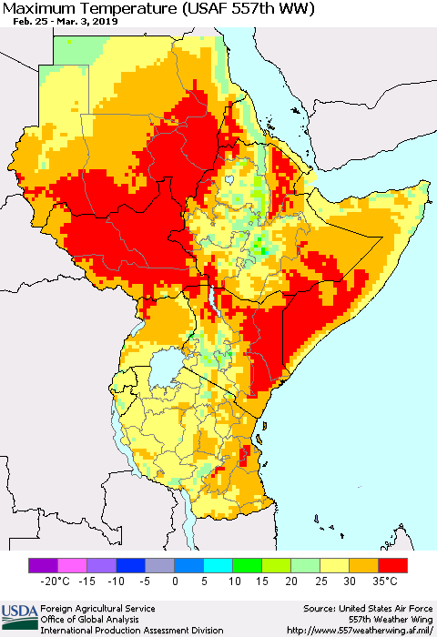 Eastern Africa Mean Maximum Temperature (USAF 557th WW) Thematic Map For 2/25/2019 - 3/3/2019