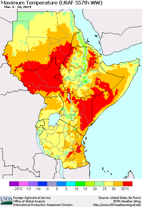 Eastern Africa Mean Maximum Temperature (USAF 557th WW) Thematic Map For 3/4/2019 - 3/10/2019