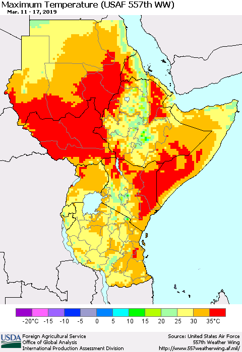 Eastern Africa Mean Maximum Temperature (USAF 557th WW) Thematic Map For 3/11/2019 - 3/17/2019
