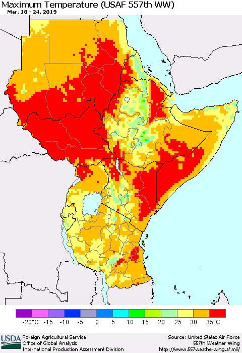 Eastern Africa Mean Maximum Temperature (USAF 557th WW) Thematic Map For 3/18/2019 - 3/24/2019