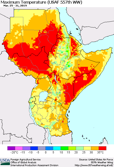 Eastern Africa Mean Maximum Temperature (USAF 557th WW) Thematic Map For 3/25/2019 - 3/31/2019