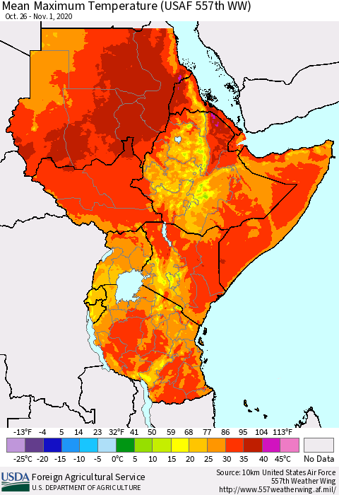 Eastern Africa Mean Maximum Temperature (USAF 557th WW) Thematic Map For 10/26/2020 - 11/1/2020